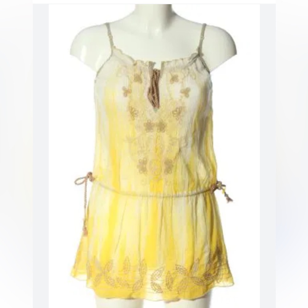 Free People Yellow Embroidered Sheer Mini Dress Sz 6 Bin 305